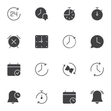 Zaman bağlantılı vektör simgeleri seti, modern katı sembol koleksiyonu, doldurulmuş biçim piktogram paketi. İşaretler, logo illüstrasyonu. Takvim günü, alarm saati, son teslim tarihi, kronometre, kum saati olarak simgeleri içerir