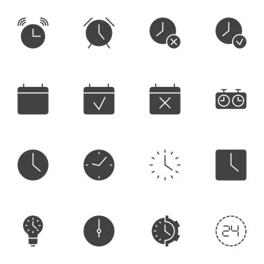 Zaman vektör simgeleri seti, modern katı sembol koleksiyonu, doldurulmuş biçim piktogram paketi. İşaretler, logo illüstrasyonu. Takvim, alarm saati, saat, satranç saati, kronometre zamanlayıcısı olarak simgeleri içerir