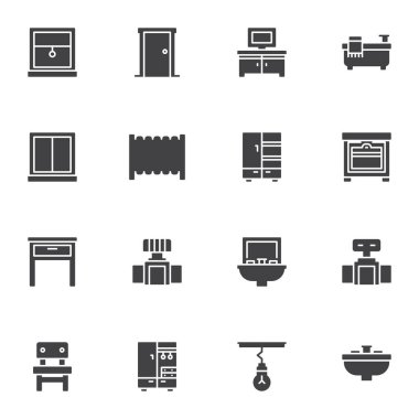 Banyo mobilya vektör simgeleri seti, modern katı sembol koleksiyonu, doldurulmuş resim paketi. İşaretler, logo illüstrasyonu. Set, musluk, küvet, lavabo, lamba, kapı, pencere, masa olarak simgeleri içerir
