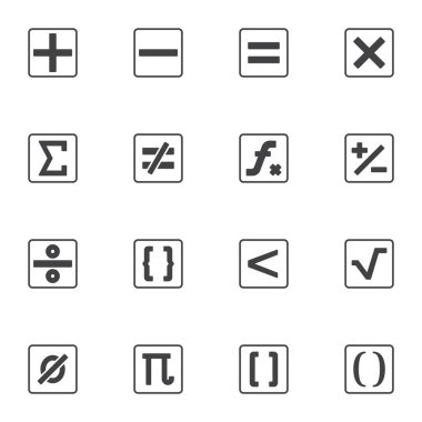 Hesap makinesi sembolleri vektör simgeleri seti, matematik modern katı sembol koleksiyonu, doldurulmuş biçim piktogram paketi. İşaretler, logo illüstrasyonu. Toplama, çıkarma, çarpma ve bölme olarak simgeleri ekle