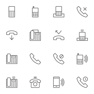 Telefon hattı simgeleri ayarlandı, taslak vektör koleksiyonu, doğrusal biçim piktogram paketi. İşaretler, logo illüstrasyonu. Set simgeleri cep telefonu, akıllı telefon, ofis faksı, telefon görüşmesi, cep telefonu simgelerini içerir