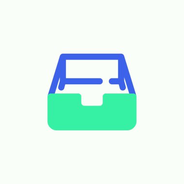 Kabine arşiv ikonu vektörü, depolama, çekmece kutusu düz tabela, bicolor pictogram, yeşil ve mavi renkler. Sembol, logo illüstrasyonu