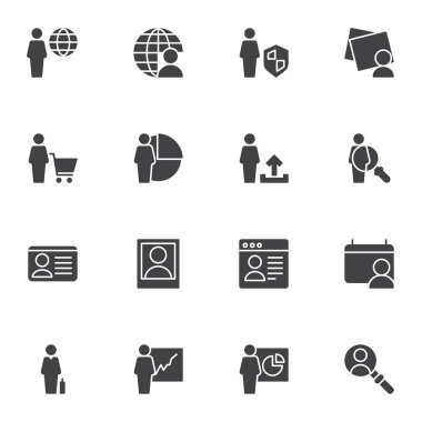 İş kullanıcı vektör simgeleri seti, modern katı sembol koleksiyonu, doldurulmuş biçim piktogram paketi. İşaretler, logo illüstrasyonu. Kimlik olarak simgeleri, iş sunumunu, iletişim aramasını, çevrimiçi alışverişi içerir