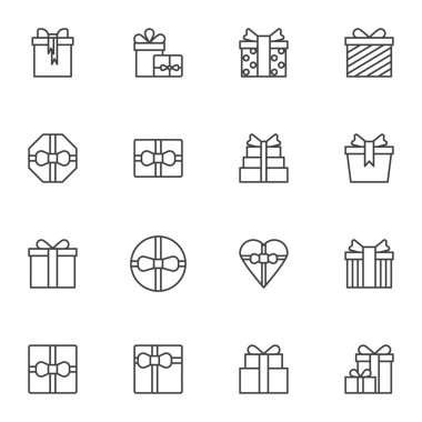 Hediye Satırı simgeleri seti, ana hatlı vektör sembolü koleksiyonu, doğrusal biçim piktogram paketi. İşaretler, logo illüstrasyonu. Set simgeleri hediye paketi olarak kurdele, doğum günü pastası, kalp şeklinde kutu içerir