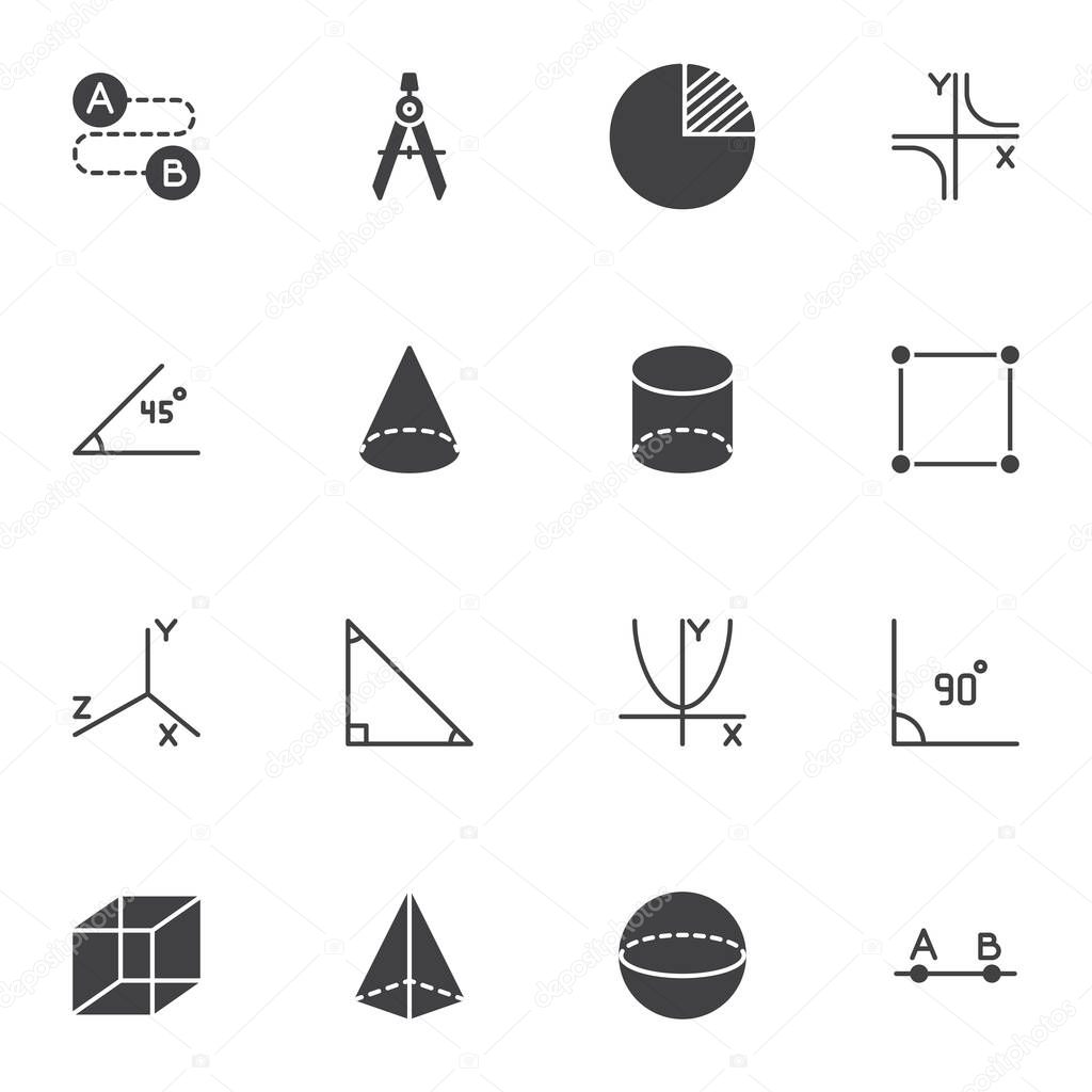 Geometry shapes vector icons set, algebra and geometry modern solid symbol collection, filled style pictogram pack. Signs logo illustration. Set includes icons - triangle, cylinder, square angle, cube
