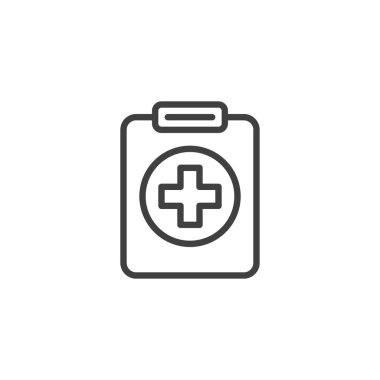 Tıbbi reçete ikonu. Mobil konsept ve web tasarımı için doğrusal biçim işareti. Tıbbi haç çizgisi vektör simgesine sahip pano belgesi. Sembol, logo çizimi. Vektör grafikleri