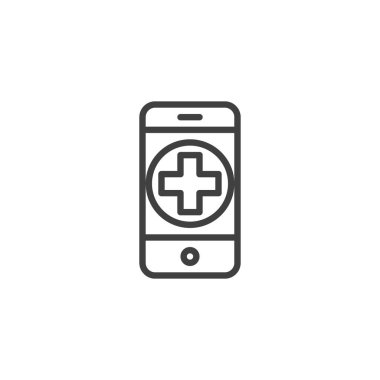 Mobil acil çağrı hattı simgesi. Mobil konsept ve web tasarımı için doğrusal biçim işareti. Ambulans ana hat vektör simgesini ara. Sembol, logo çizimi. Vektör grafikleri