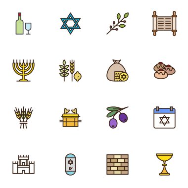 Yahudi Hanuka bayramı taslak simgeleri seti, Yahudilik çizgisi vektör kolleksiyonu, doğrusal renkli piktogram paketi. İşaretler, logo illüstrasyonu, menorah Hanuka olarak simgeler, din yemekleri.