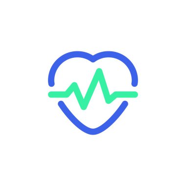 Nabız, kalp atışı ikon vektörü, düz tabela, iki renkli resim, kalp atışı yeşil ve mavi renkler. Kardiyoloji sembolü, logo çizimi