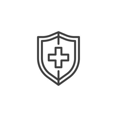 Çapraz çizgi ikonlu tıbbi kalkan. Mobil konsept ve web tasarımı için doğrusal biçim işareti. Sağlık sigortası vektör ikonu. Sembol, logo çizimi. Vektör grafikleri