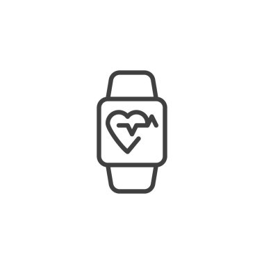 Fitness takip bilekliği çizgisi simgesi. Mobil konsept ve web tasarımı için doğrusal biçim işareti. Kalp atışı hızı vektör ikonu olan Sport Watch. Sembol, logo çizimi. Vektör grafikleri