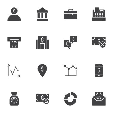 İş ve finans vektör simgeleri seti, modern katı sembol koleksiyonu, doldurulmuş biçim piktogram paketi. İşaretler, logo illüstrasyonu. Küme simgeleri bankacılık, mali şema, para değişimi olarak içerir