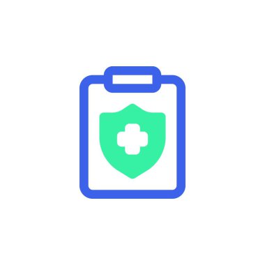 Tıbbi sigorta ikonu vektörü, düz tabela, kalkanlı pano ve çapraz birenklendirmeli resim yazısı, yeşil ve mavi renkler. Sembol, logo illüstrasyonu