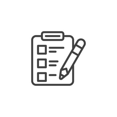 Diyet planlama çizgisi simgesi. Mobil konsept ve web tasarımı için doğrusal biçim işareti. Kontrol listesi ve kalem çizgisi vektör simgesine sahip pano. Sembol, logo çizimi. Vektör grafikleri