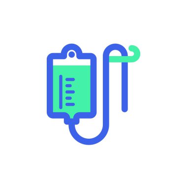 Tıbbi infüzyon ikonu vektörü, düz tabela, iki renkli resim, yeşil ve mavi renkler. Sembol, logo illüstrasyonu