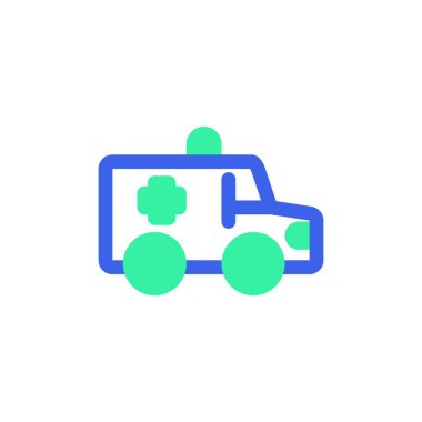 Tıbbi Van ikonu vektörü, düz tabela, iki renkli resim, ambulans kamyonu yeşil ve mavi renkler. Sembol, logo illüstrasyonu