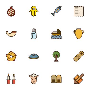 Yahudilik ana hatları doldurmuş ikonlar, çizgi vektör sembolü koleksiyonu, doğrusal renkli piktogram paketi. Tabelalar, logo illüstrasyonu, Yahudi bayramı bayramı ikonları, David Star, yiyecek ve içecekler. 