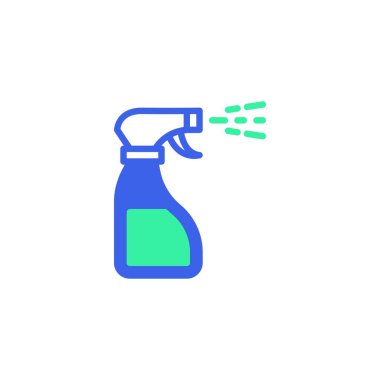 Dezenfekte edici ikon vektörü, düz tabela, iki renkli resim, antibakteriyel sprey şişesi yeşil ve mavi renkler. Sembol, logo illüstrasyonu