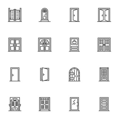 Giriş kapıları çizgisi simgeleri ayarlandı, ana hat vektör sembolü koleksiyonu, doğrusal resim paketi. İşaretler, logo illüstrasyonu. Set, mimari kapılar olarak simgeleri içerir 