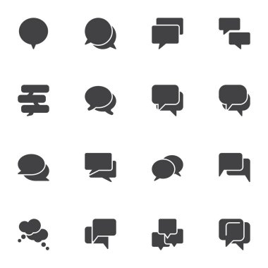Konuşma baloncukları vektör simgeleri seti, modern katı sembol koleksiyonu, doldurulmuş biçim piktogram paketi. İşaretler, logo illüstrasyonu. Sohbet iletisi, forum yorumu ve diyalog sohbeti olarak simgeleri ayarla