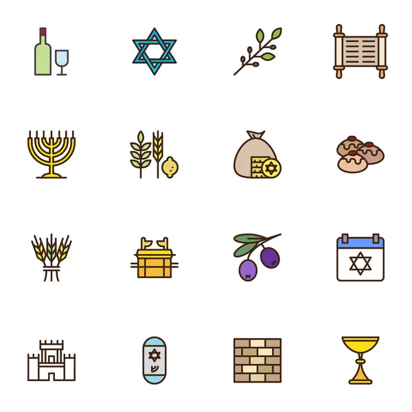 Conjunto Iconos Contorno Lleno Vacaciones Hanukkah Judío Colección Símbolos Vectores — Vector de stock