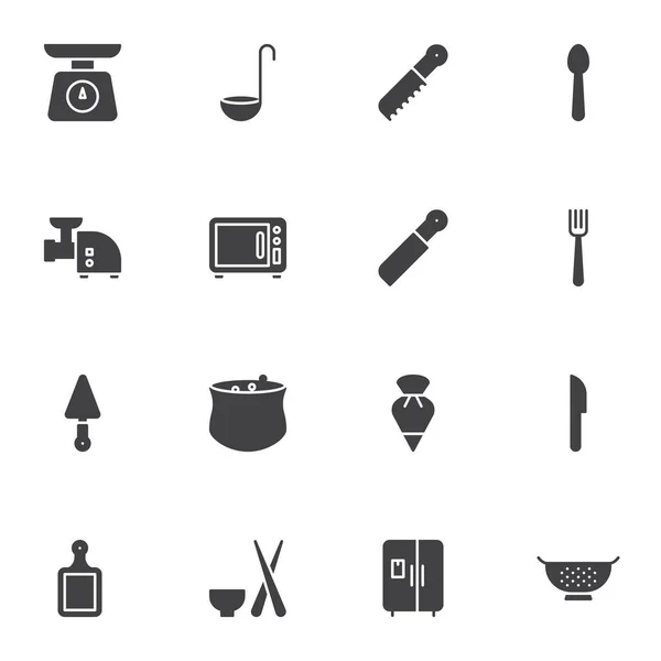 厨房用具矢量图标集 现代固体符号集合 填充风格象形文字包 标志说明 套装包括厨房秤 微波炉 勺子等图标 — 图库矢量图片