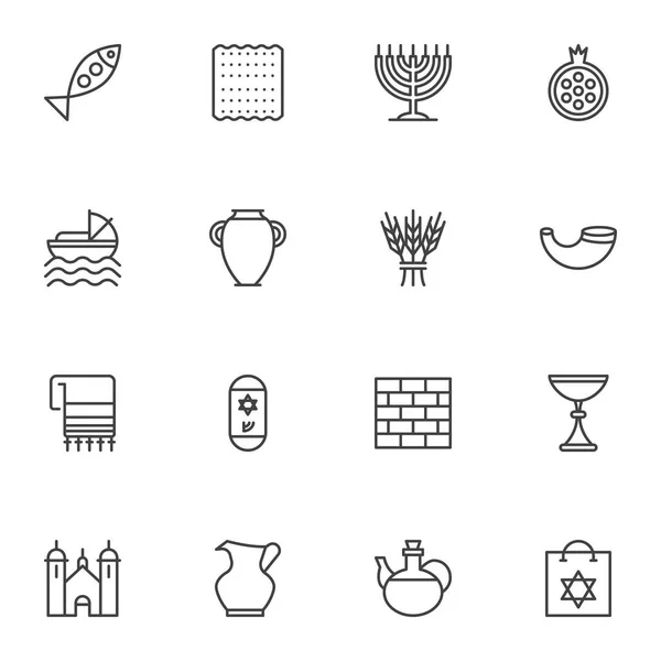 Conjunto Iconos Línea Vacaciones Hanukkah Judío Colección Símbolos Vectoriales Contorno — Archivo Imágenes Vectoriales