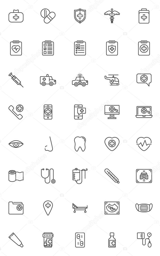 Healthcare and medical line icons set. linear style symbols collection, outline signs pack. vector graphics. Set includes icons as first aid kit, ambulance truck, medical pill, heart cardiogram, x-ray