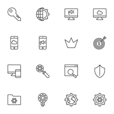 SEO pazarlama çizgisi simgeleri seti, ana hatlı vektör sembolü koleksiyonu, doğrusal stil piktogram paketi. İşaretler, logo illüstrasyonu. Arama motoru optimizasyonu, web sayfası araması, ayarları olarak simgeleri içerir