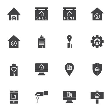 Gayrimenkul bağlantılı vektör simgeleri seti, modern katı sembol koleksiyonu, doldurulmuş biçim piktogram paketi. İşaretler, logo illüstrasyonu. Ev kirası, satış, ipotek, sigorta, online rezervasyon olarak simgeleri