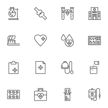 Tıbbi çizgi simgeleri seti, ana hatlı vektör sembolü koleksiyonu, doğrusal biçim piktogram paketi. İşaretler, logo illüstrasyonu. Set simgeleri kalp kardiyogramı, kardiyoloji, ilk yardım kiti, tıbbi stetoskop