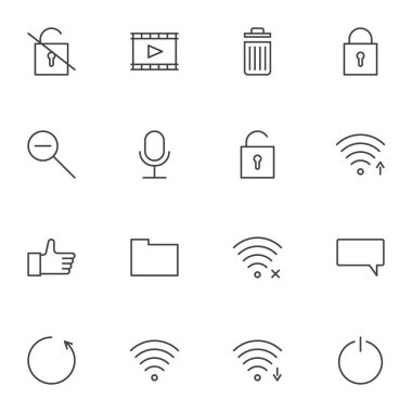 Kullanıcı arayüzü çizgisi simgeleri seti, ui dış hat vektör sembolü koleksiyonu, doğrusal biçim piktogram paketi. İşaretler, logo illüstrasyonu. Ayarlar Wi-Fi anten, kablosuz bağlantı sinyali ve sohbet yorumu olarak simgeleri içerir
