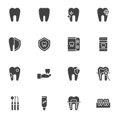 Diş tedavisi vektör simgeleri seti, modern katı sembol koleksiyonu, doldurulmuş biçim piktogram paketi. İşaretler, logo illüstrasyonu. Seti sağlıklı diş, diş ağrısı, dişçi aleti, diş teli gibi simgeler içerir