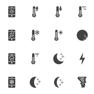 Hava sıcaklığı vektör simgeleri seti, modern katı sembol koleksiyonu, doldurulmuş biçim piktogram paketi. İşaretler, logo illüstrasyonu. Meteoroloji tahmini, termometre, ay, güneş, bulut olarak simgeleri içerir