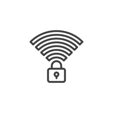 Kablosuz bağlantı güvenli hat simgesi. Mobil konsept ve web tasarımı için doğrusal biçim işareti. Wi-Fi ağ güvenlik ana hatları vektör simgesi. Sembol, logo çizimi. Vektör grafikleri