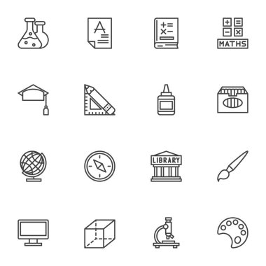 Bilim eğitim çizgisi simgeleri seti, ana hatlı vektör sembolü koleksiyonu, doğrusal biçim piktogram paketi. Logo illüstrasyonu işaretleri. Kimya testi, matematik, mezuniyet şapkası, kütüphane ve coğrafya olarak simgeler