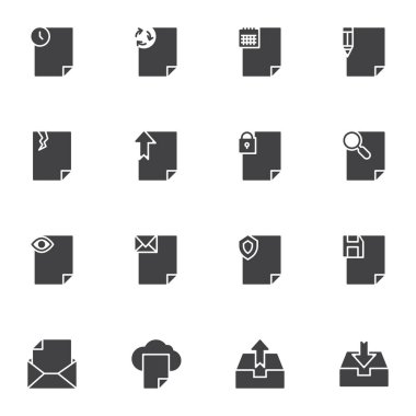 Belgeler vektör simgeleri seti, modern katı sembol koleksiyonu, doldurulmuş biçim piktogram paketi. İşaretler, logo illüstrasyonu. ui belge dosyası olarak simgeleri, arşiv dizini, galeri deposu, ileti olarak ayarla