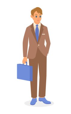 Elinde evrak çantası olan bir iş adamı. Renkli düz tasarım vektör çizimi. Takım elbiseli adam el ele tutuşuyor.. 