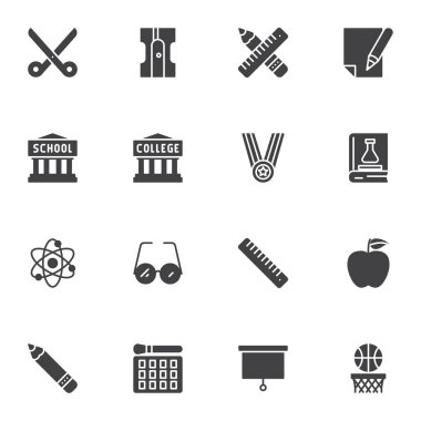 Eğitimle ilgili vektör simgeleri seti, modern katı sembol koleksiyonu, doldurulmuş biçim piktogram paketi. Logo illüstrasyonu işaretleri. Okul ve üniversite binası olarak simgeler, cetveli kalem, elma, top