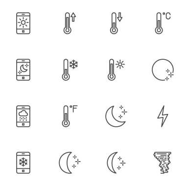 Hava sıcaklığı çizgisi simgeleri ayarlandı, taslak vektör sembolü koleksiyonu, doğrusal biçim piktogram paketi. İşaretler, logo illüstrasyonu. Meteoroloji tahmini, termometre, ay, güneş, bulut olarak simgeleri içerir