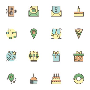 Parti bağlantılı taslak simgeleri seti, çizgi vektör sembolü koleksiyonu, doğrusal renkli piktogram paketi. İşaretler, logo illüstrasyonu, davetiye kartı olarak simgeler, hediye kutusu, doğum günü pastası, balon