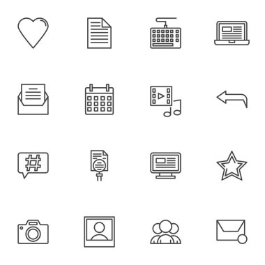 İçerik satırı simgeleri ayarlandı, ana hatlı vektör koleksiyonu, günlükle ilgili doğrusal resim paketi. Logo illüstrasyonu işaretleri. Set simgeleri ortam ve iletişim, takipçiler ve geri bildirim olarak içerir