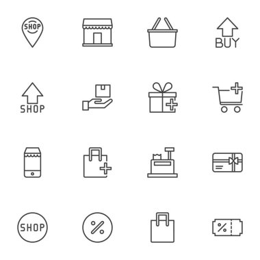 Çevrimiçi alışveriş çizgisi simgeleri seti, ana hatlı vektör koleksiyonu, e-ticaret tarzı pictogram paketi. İşaretler, logo illüstrasyonu. Alışveriş arabası olarak simgeler, satın alma sepeti, teslimat, satış
