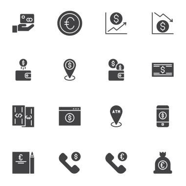 Para vektör simgeleri seti, modern katı sembol koleksiyonu, doldurulmuş biçim piktogram paketi. İşaretler, logo illüstrasyonu. Dolar oranı artışı, ATM konumu, GPS noktası, mobil banka olarak simgeleri içerir