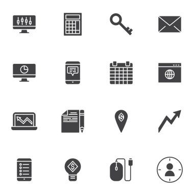 Pazarlama vektör simgeleri seti, modern katı sembol koleksiyonu, doldurulmuş biçim piktogram paketi. İşaretler, logo illüstrasyonu. Hesap makinesi, takvim, bilgisayar monitörü ve cep telefonu görüntüsü olarak simgeleri ayarla