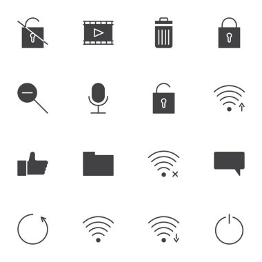 Kullanıcı arayüzü vektör simgeleri seti, ui modern katı sembol koleksiyonu, doldurulmuş biçim piktogram paketi. İşaretler, logo illüstrasyonu. Ayarlar Wi-Fi anten, kablosuz bağlantı sinyali ve sohbet yorumu olarak simgeleri içerir