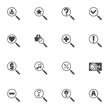 Temel vektör simgeleri seti, modern katı sembol koleksiyonu, UI arama biçimi pictogram paketi. İşaretler, logo illüstrasyonu. Set simgeleri virüs taraması, büyüteç, para, fikir, iş olarak içerir