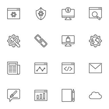Pazarlama ve SEO çizgi simgeleri seti, ana hat vektör koleksiyonu, dijital pazarlama tarzı pictogram paketi. İşaretler, logo illüstrasyonu. Set simgeleri web sitesi kodu, ayarları, kopyalanmış yazı olarak içerir