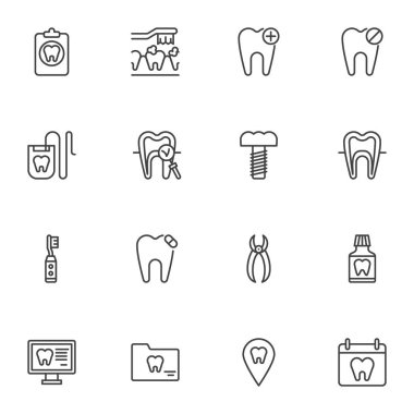Diş çizgisi simgeleri seti, ana hatlı vektör sembolü koleksiyonu, doğrusal biçim piktogram paketi. İşaretler, logo illüstrasyonu. Seti implant diş, diş ipi, gargara şişesi, diş fırçası gibi simgeler içerir