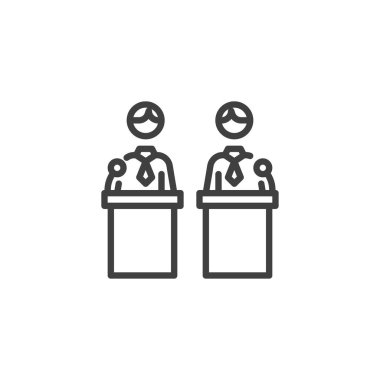 Siyasi münazara iki aday hattı ikonu. Mobil konsept ve web tasarımı için doğrusal biçim işareti. İki konuşmacı ana hatlı vektör simgesini tartışıyor. Sembol, logo çizimi. Vektör grafikleri